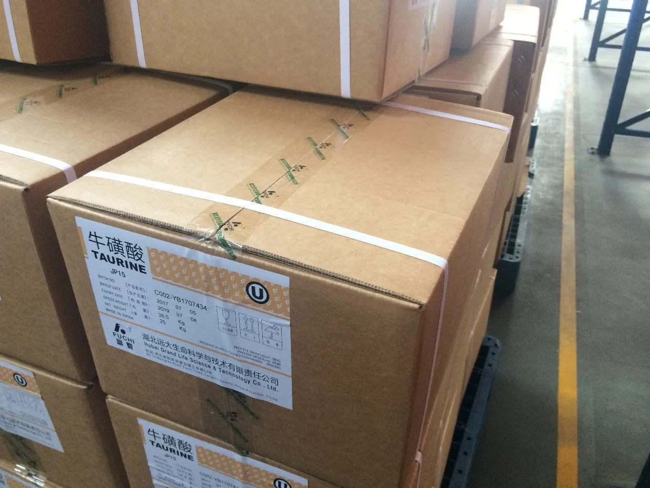 Taurine 99.0–101.0% 25 kg export cartons prepared for shipment