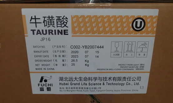 Taurine 99.0–101.0% in 25 kg export carton with product label