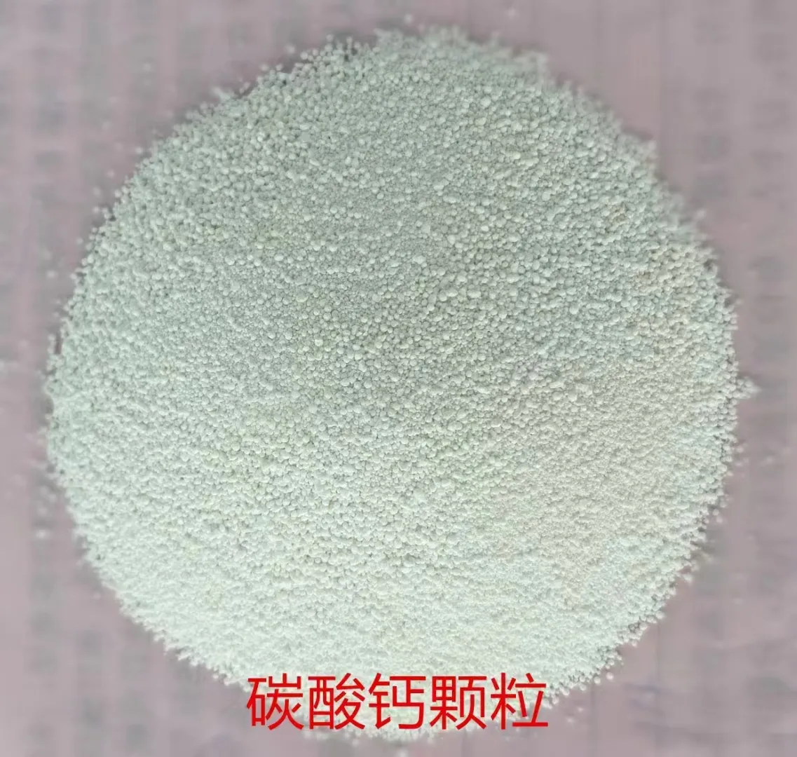 Close-up of calcium carbonate granular powder for food and nutrition formulations.
