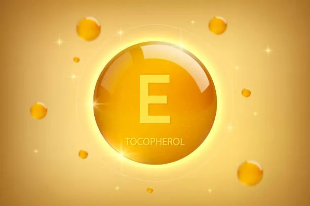 Vitamin E graphic representing natural mixed tocopherol 70% oil antioxidant applications.