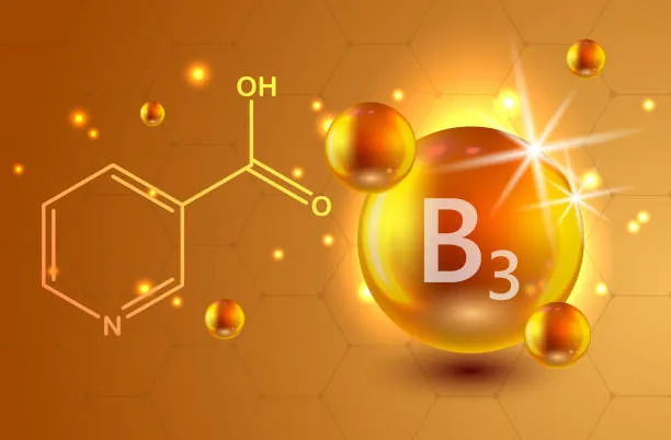 Nicotinamide Vitamin B3 molecular structure for food, nutrition, and cosmetic formulations.