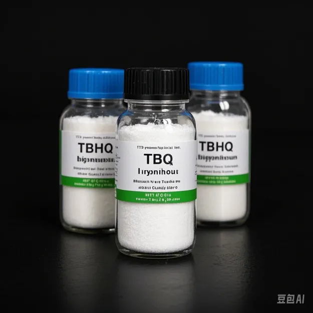 Food-grade TBHQ Tert-Butyl Hydroquinone 99% minimum in sample bottles for bulk ingredient supply.