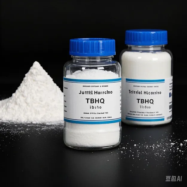 TBHQ white crystalline antioxidant powder and sample bottles for oil and fat-containing food