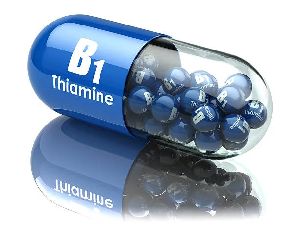 Vitamin B1 capsule illustration for thiamine mononitrate supplement ingredient applications.