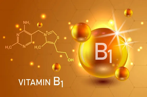 Vitamin B1 molecular graphic representing thiamine mononitrate nutrition ingredient applications.