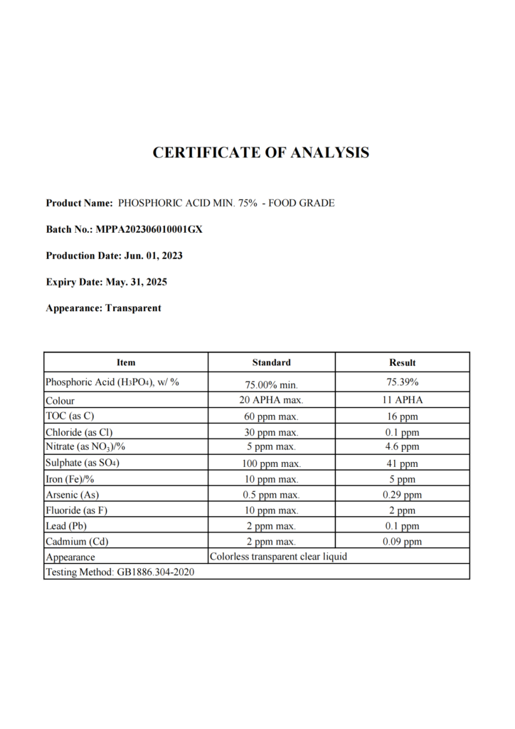 75 PA COA Food Grade CJN