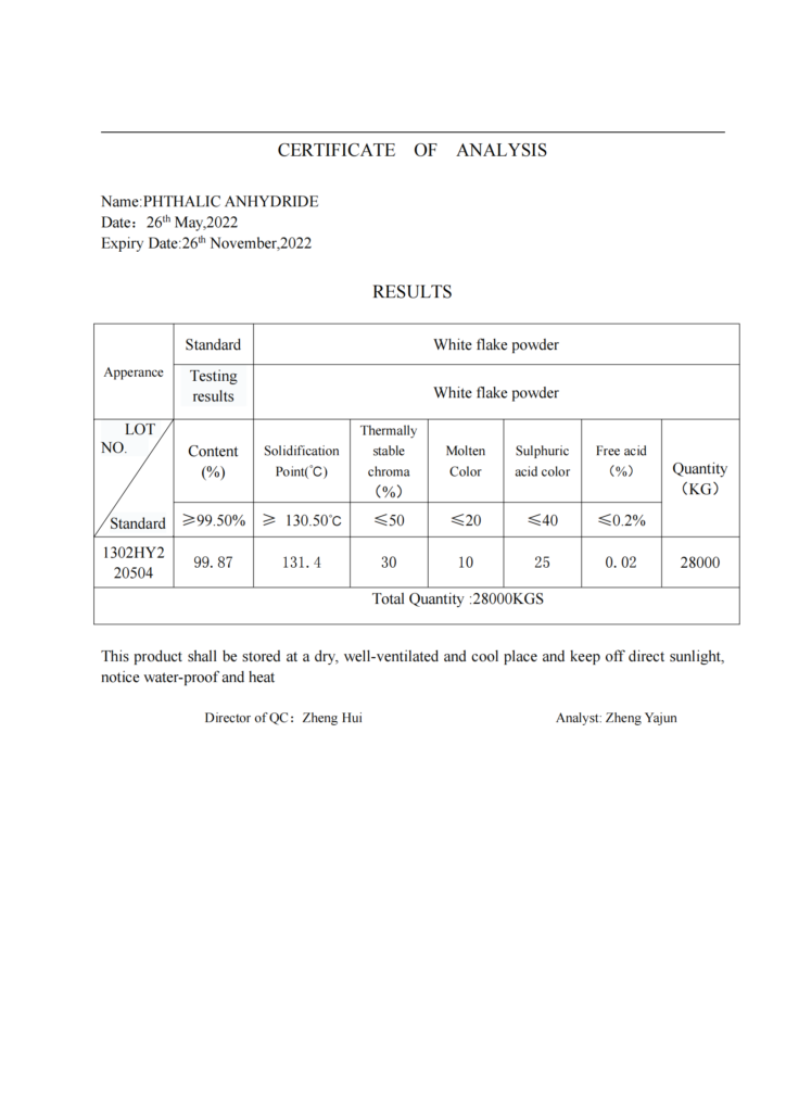 COA PHTHALIC ANHYDRIDE