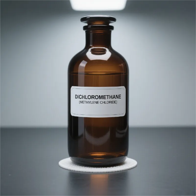 High-purity Dichloromethane Methylene Chloride 99.9% minimum in a laboratory bottle for industrial solvent applications.