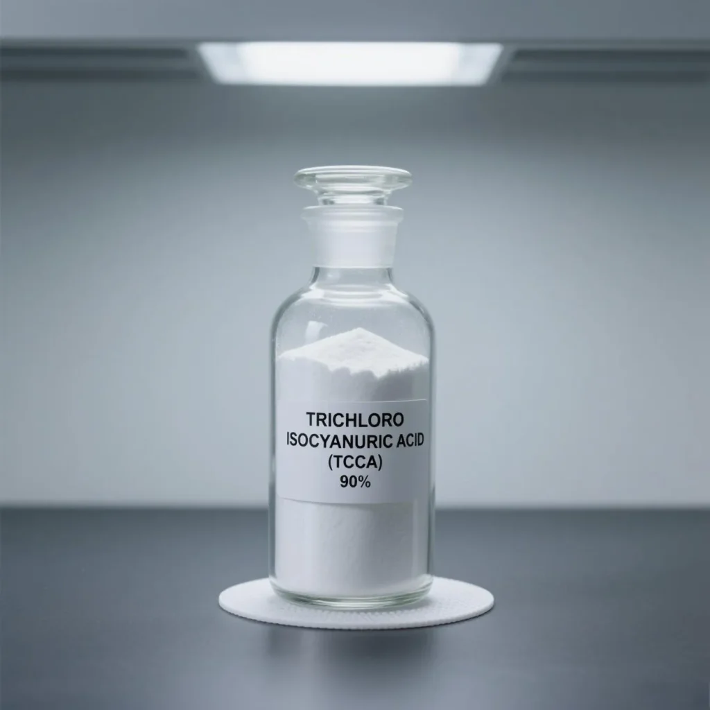 Trichloroisocyanuric Acid TCCA 90% white powder sample for swimming pool and industrial water treatment applications.