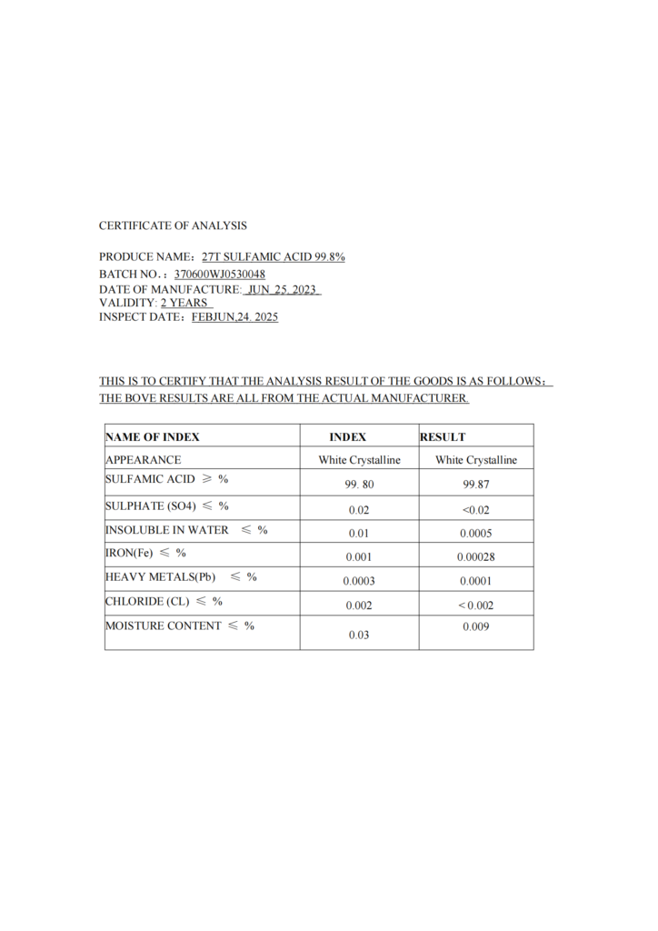 COA sulfamic acid- 99.8%