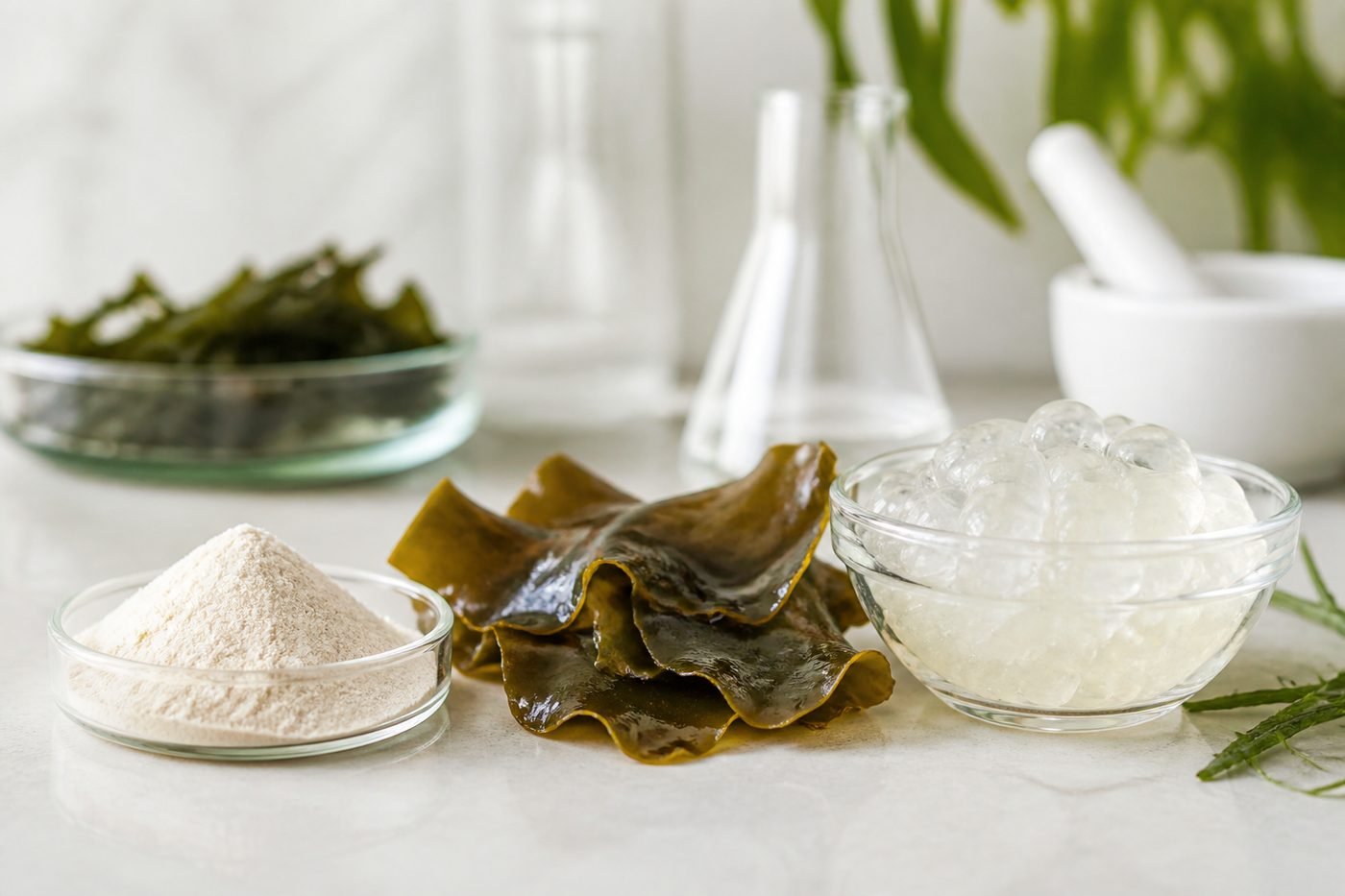 Sodium alginate connects a seaweed-derived raw material with applications that depend on controlled thickening or gel formation.