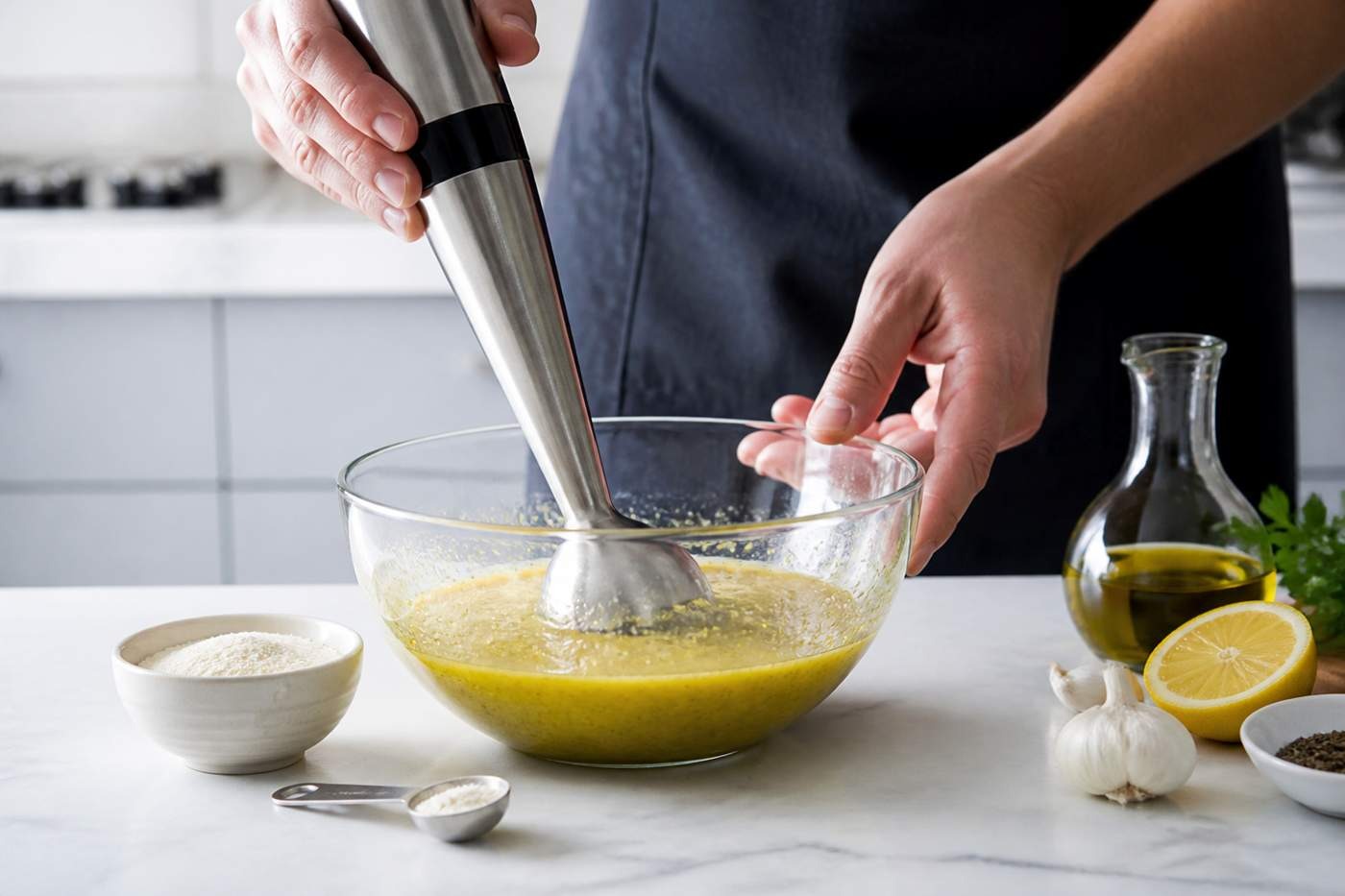A small amount of xanthan gum can help a cold dressing stay smooth and evenly blended.