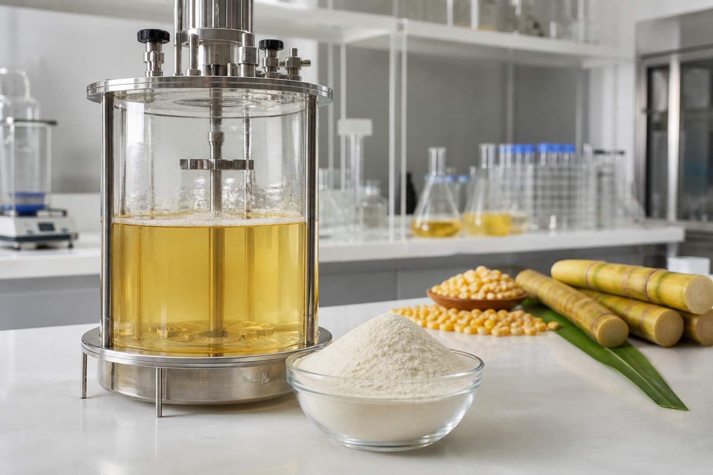 Xanthan gum begins as a controlled microbial fermentation product, then becomes a fine, functional powder.