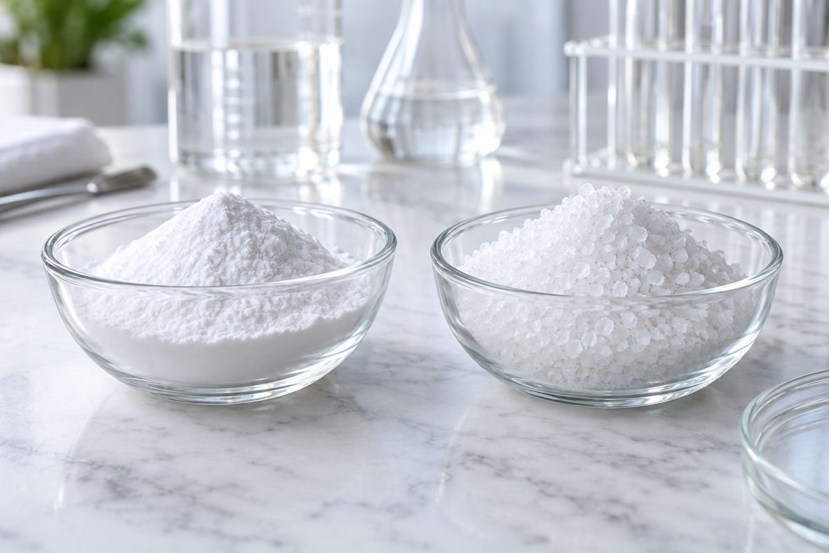 Similar-looking white powders can represent different chemical products and specifications.