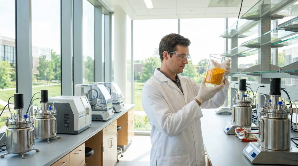 Scientist inspecting natural fermentation-grade CoQ10 raw material in a modern laboratory