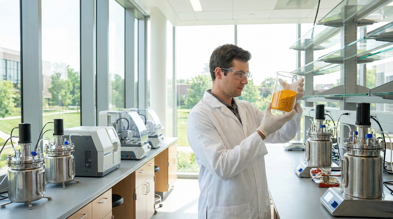 Scientist inspecting natural fermentation-grade CoQ10 raw material in a modern laboratory