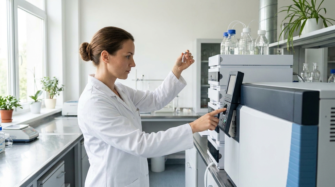 Quality control scientist testing ingredient batches with advanced analytical equipment
