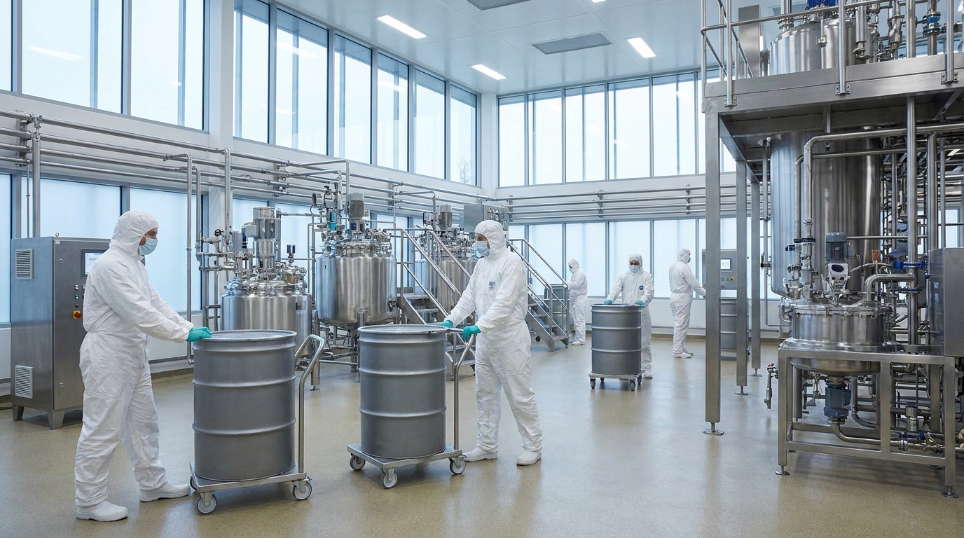 Climate-controlled manufacturing facility storing sensitive CoQ10 powder in opaque drums