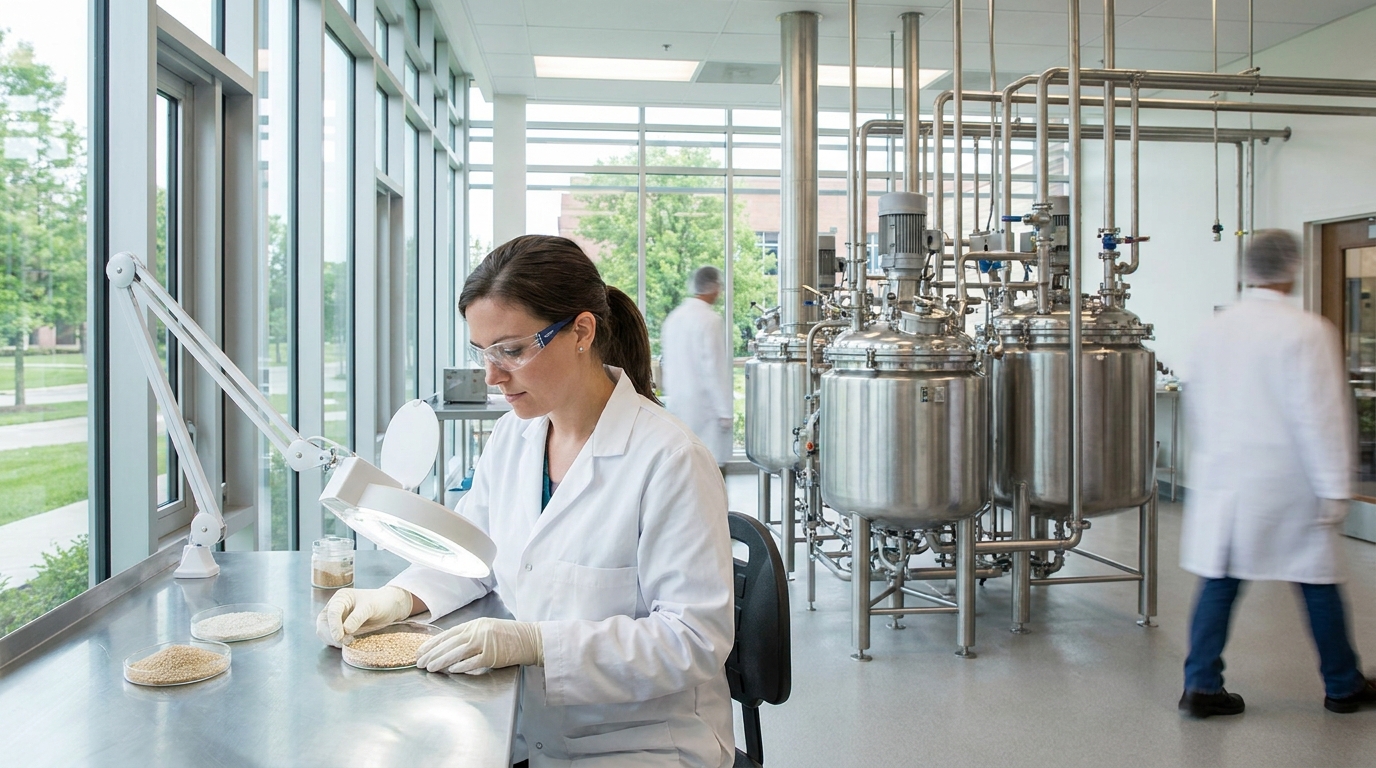 Quality control inspection of raw nutritional ingredients in a factory.