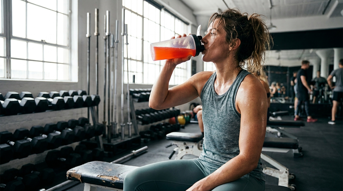 Athlete drinking L-Carnitine Tartrate pre-workout supplement in a gym.