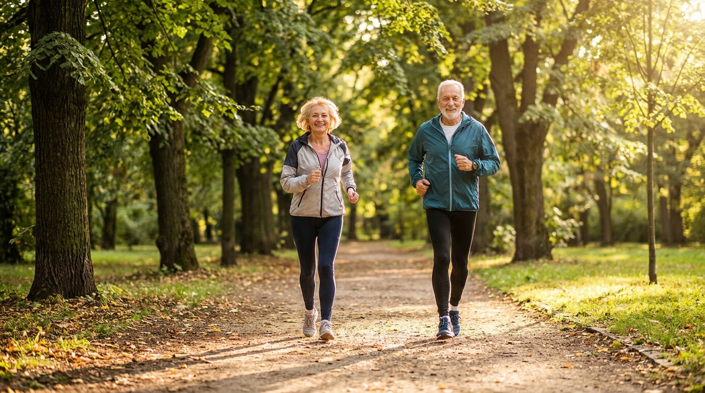 Healthy older couple jogging in a sunny green park