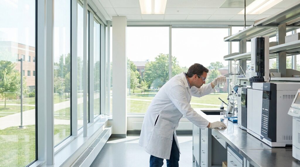 Scientist examining liquid sample in a modern research laboratory