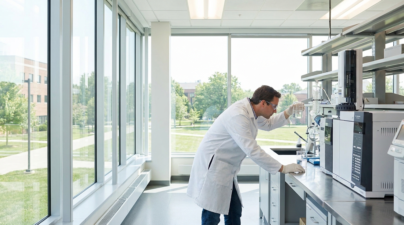 Scientist examining liquid sample in a modern research laboratory