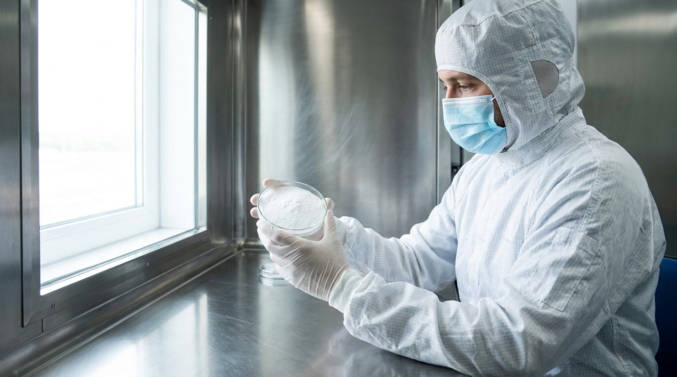 Quality control inspector examining pure white powder in a cleanroom