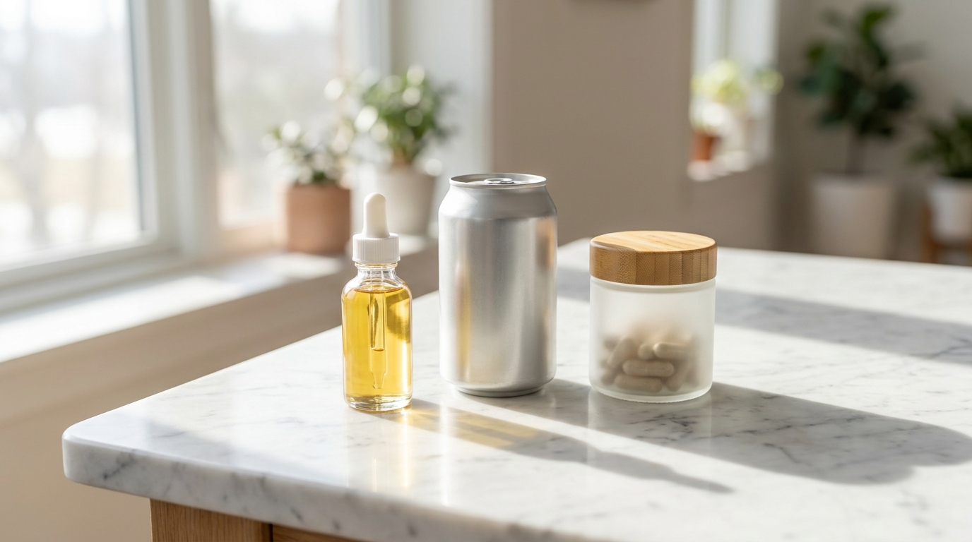 Various blank health and wellness products on a marble countertop