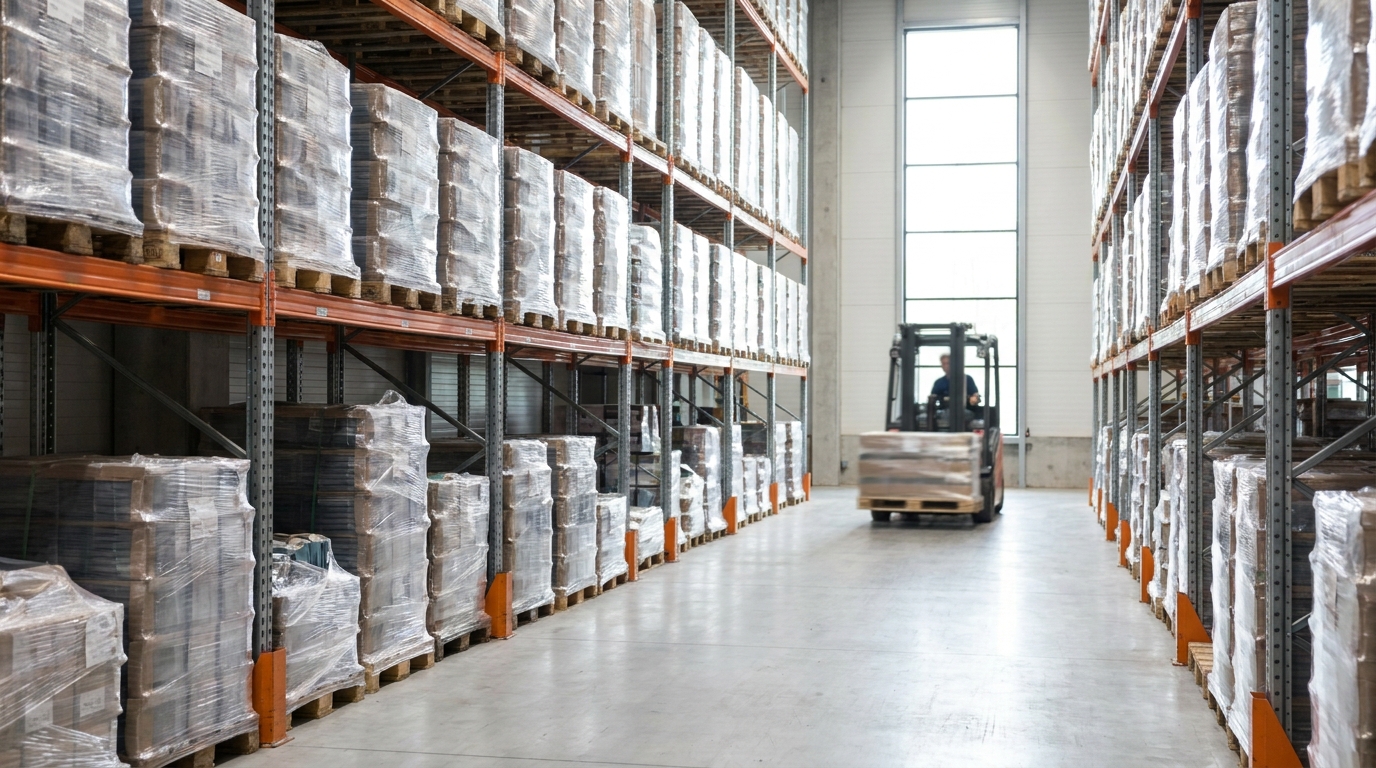 Modern logistics warehouse storing pallets of raw nutraceutical ingredients securely
