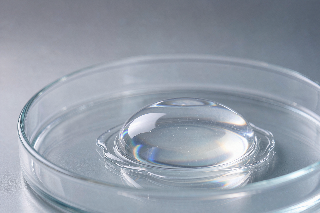 Clear viscous sodium hyaluronate solution droplet in a glass petri dish