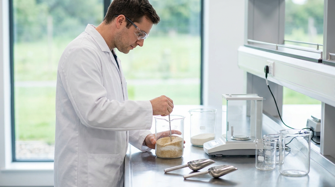Formulator developing a sports nutrition supplement in a modern lab.