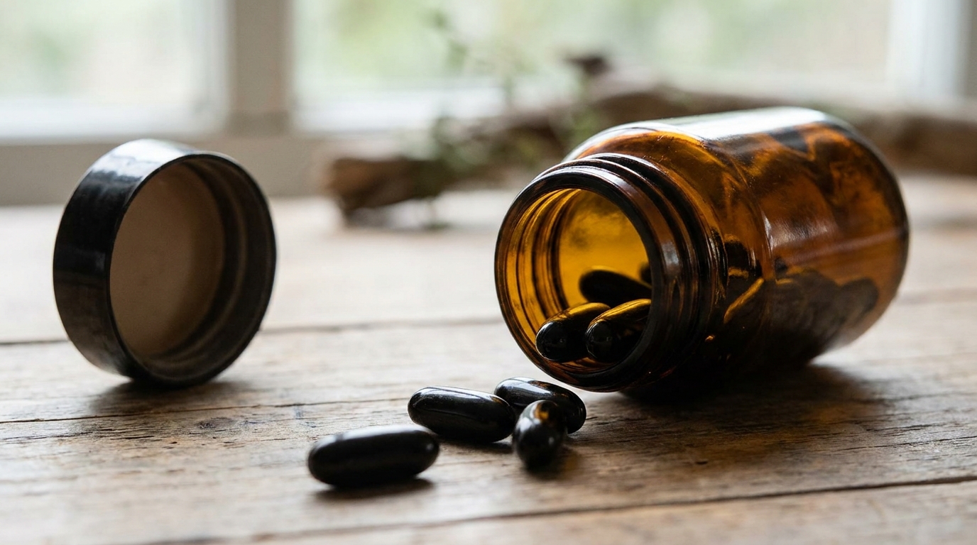 Opaque lipid-based ubiquinol softgels spilling from a protective amber glass bottle