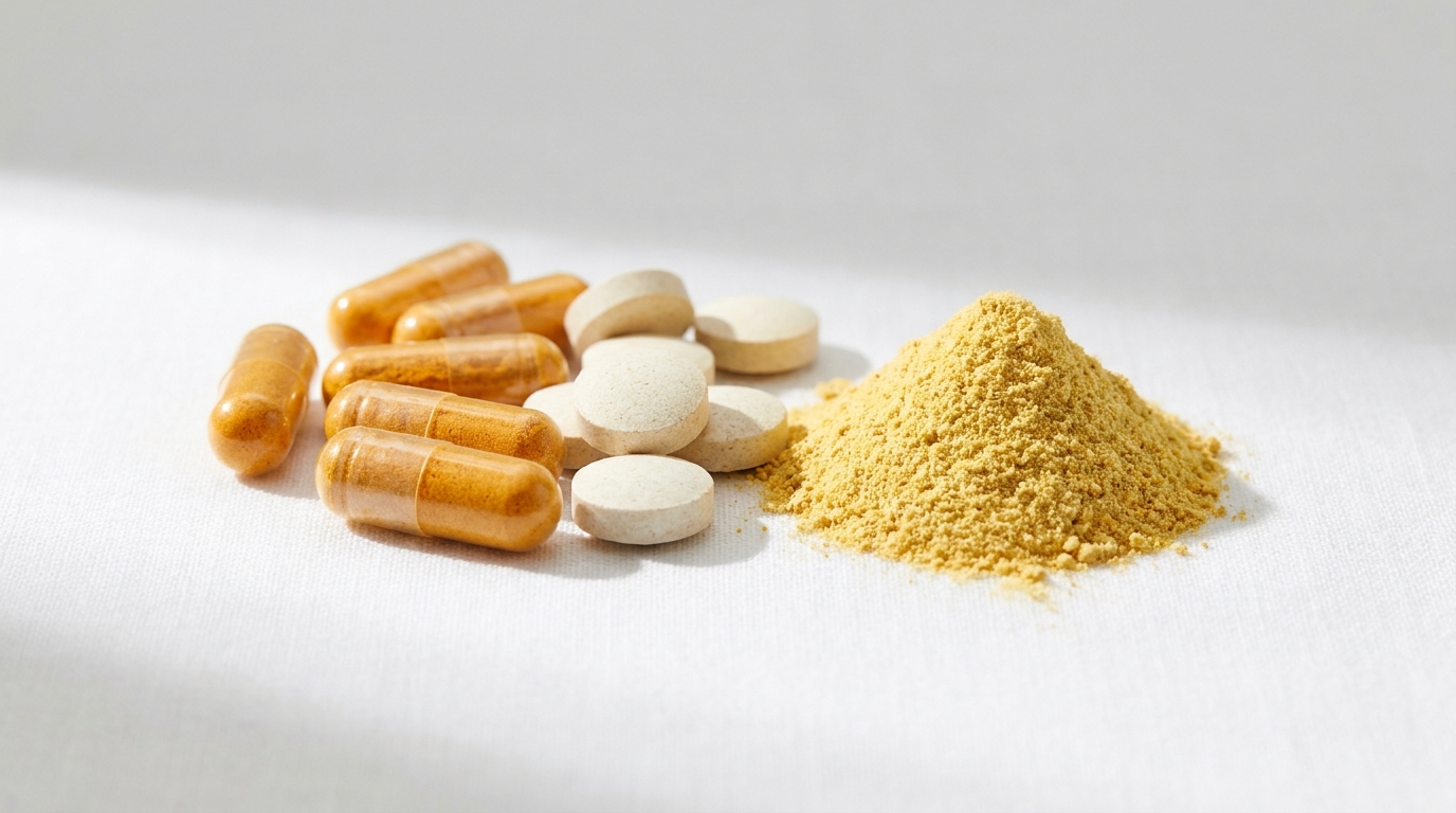 Ubiquinone supplements in various formats including capsules, tablets, and raw powder