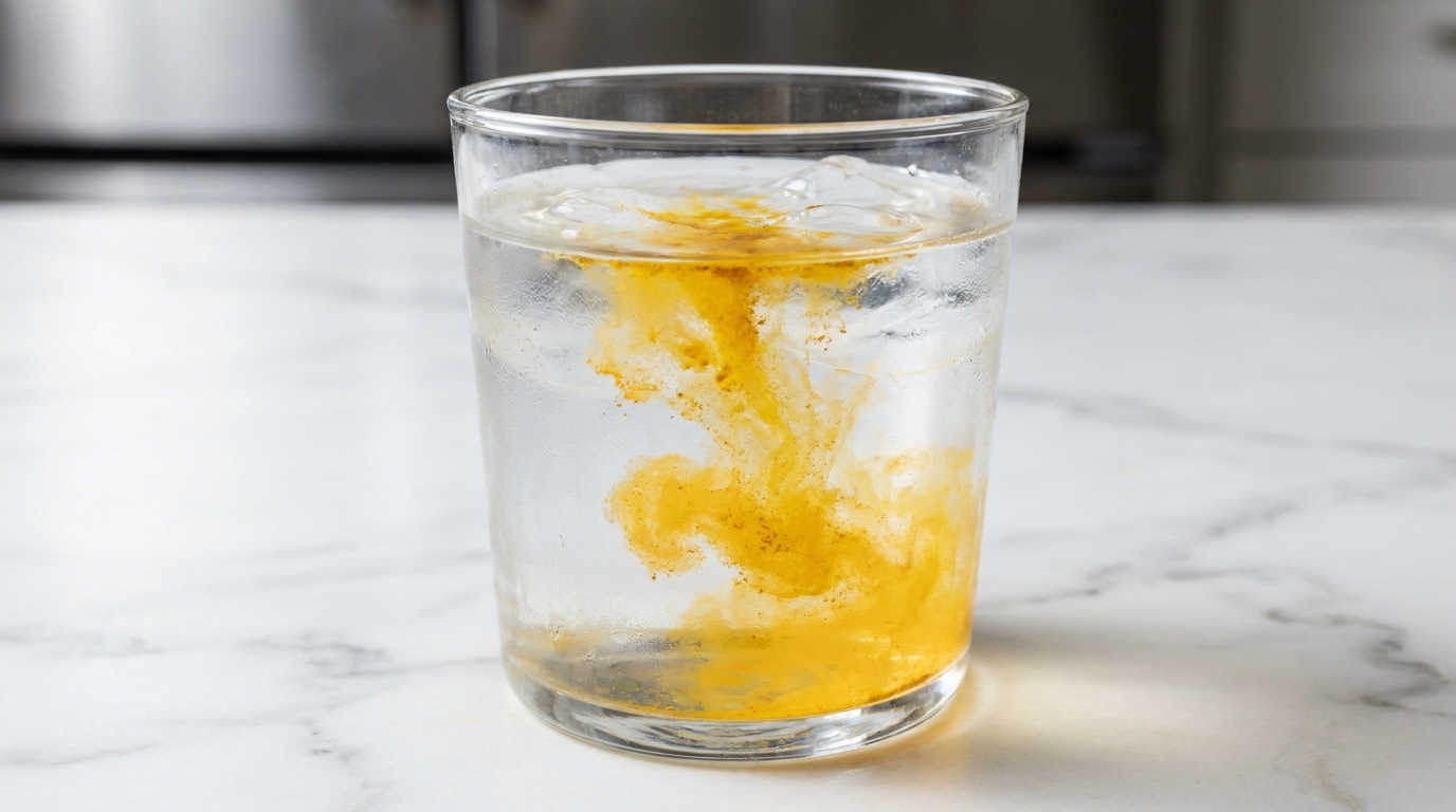 Water-soluble CoQ10 powder dissolving smoothly into a glass of cold water